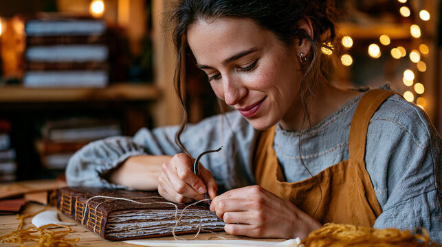 Bookbinder in a heritage craft studio pulling linen thread through a leather-covered codex spine with a curved needle, bone folder and beeswax cord resting on the bench, stacked completed journals v