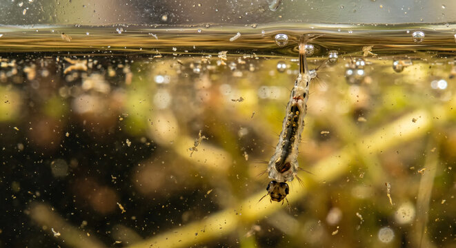 Extreme macro shot of a mosquito larva hanging from the water surface.