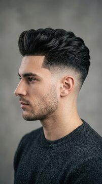 Profile view of a man with a dark quiff hairstyle and faded sides, wearing a grey sweater