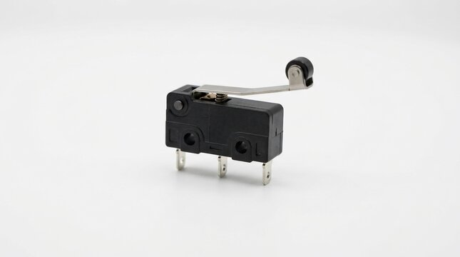 Black micro switch with roller lever actuator isolated on white background.
