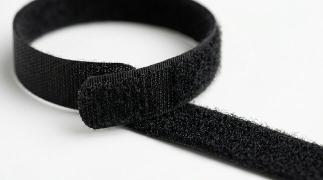 Black Velcro cable tie strap on white background.