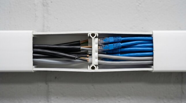 Cable Management System Showing Network and Electrical Wires in Plastic Trunking.