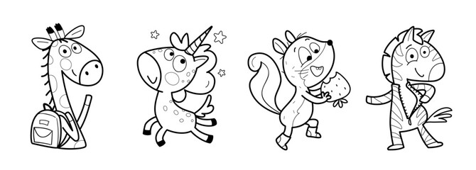 Fototapeta premium Cute alphabet animals illustrated in black outlines, set for children coloring pages. Zebra, giraffe, unicorn and squirrel for kids ABC activity and coloring book. Hand drawn vector animals clipart