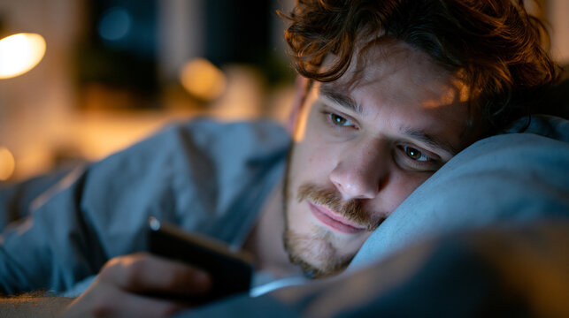 exhausted adult slumped on bed at 2am with phone screen illuminating their face in darkness, social media feed scrolling endlessly, dark circles visible, bedroom fully clothed suggesting inability t
