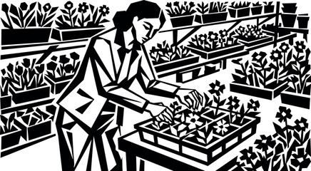 Fototapeta premium Woman arranging potted flowers in a plant nursery with multiple shelves