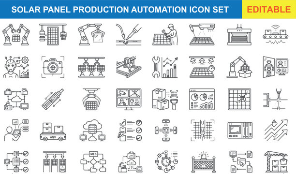 Editable solar panel production automation icons set