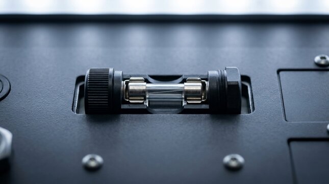 Close up of a cylindrical fuse component installed in a modern electronic control panel.