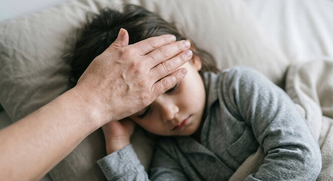 Parent hand checking temperature on sick child forehead sleeping in bed