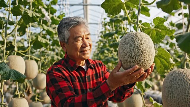 Senior Asian farmer in a red plaid shirt smiling while inspecting hanging cantaloupe melons in a bright greenhouse