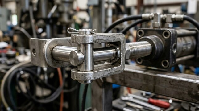 Close up of a heavy duty hydraulic cylinder clevis mount attachment in a machine shop.