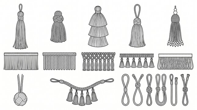 Hand Drawn Decorative Tassels, Fringes, and Knotted Cords Vector Set. Black and White Line Art Elements for Interior and Fashion.