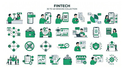 Fototapeta premium Fintech financial technology banking digital wallet payment icons set with technology transaction business commerce transfer currency investment accounting security management corporate