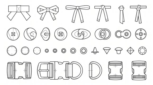 Technical Fashion Illustration Set of Garment Fasteners Buttons Buckles and Bows Vector Sketch