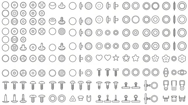 Professional Hardware Fastener Icons Set for Leathercraft and Manufacturing - Vector Line Art