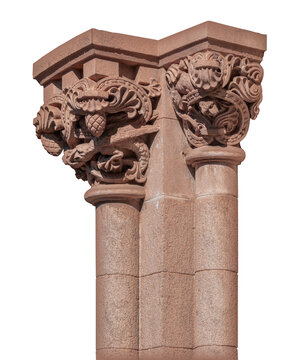 elements of architectural decorations of buildings, ancient arches and columns, pommel and patterns, on the streets in Barcelona, public places.