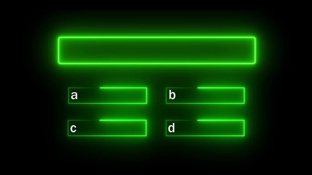Quiz neon line animation template with multiple choice option selection and black background. Animation of a neon quiz line with a choice of answer options on a black background.