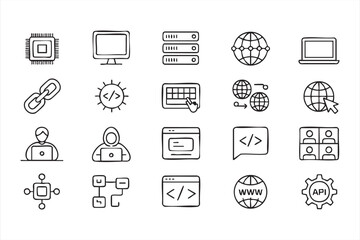 Fototapeta premium Minimal web development line icons featuring code, server, laptop, network and developer workflow symbols