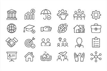 Fototapeta premium Corporate management icon set for business planning, professional support, investment and organization graphics