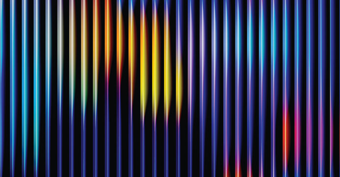 Abstract vertical stripes of vibrant, glowing neon lights in a spectrum of colors, creating a dazzling, modern, and energetic visual effect on a dark background, perfect for design elements