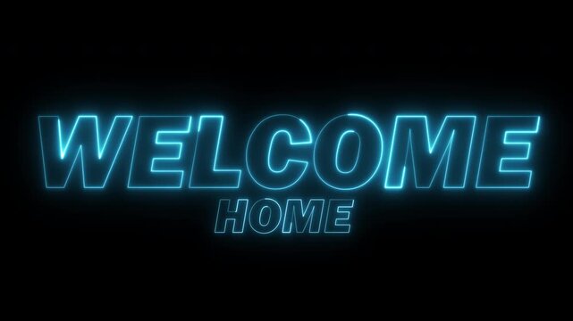 welcome home text glowing blue neon light trail looping animation, sign animation for place entertaiment, light typography motion, alpha channel or transparent background, 4k video