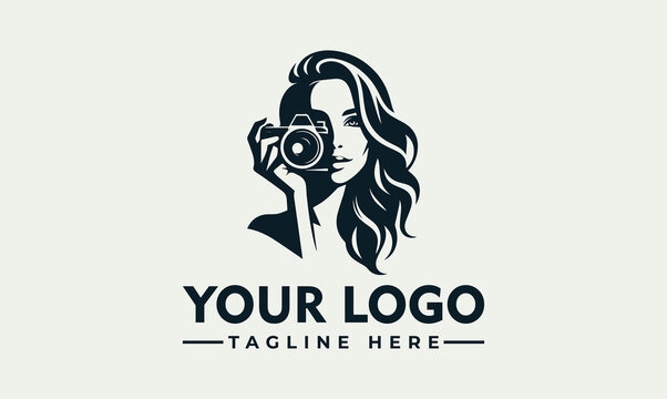 Professional woman photographer silhouette in hexagonal frame vector logo illustration