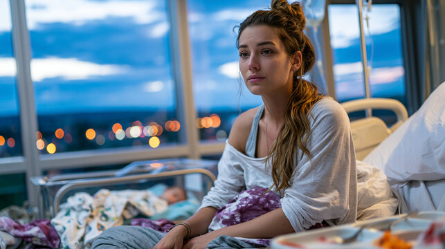 new mother in hospital-adjacent recovery room sitting on bed edge at twilight blue hour, infant sleeping in bassinet beside her, expression distant and tearful rather than joyful, untouched meal tra