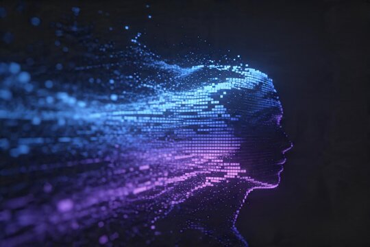 Blue Purple Digital Human Face Particles Tech AI Abstract