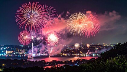 Fototapeta premium Spectacular Fireworks Display Illuminating the Night Sky Over City.
