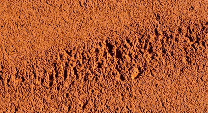 Tire tracks are impressed into the rough red earth of a natural desert landscape.