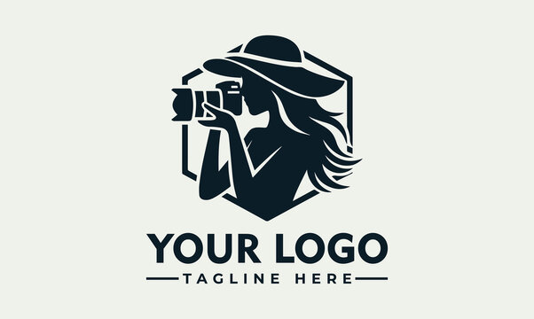 Woman Photographer Silhouette with Camera and Hat Vector Logo Illustration
