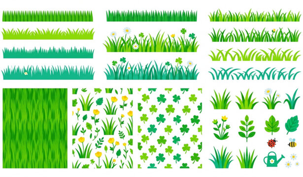Fresh grass border and seamless lawn pattern flat vector set