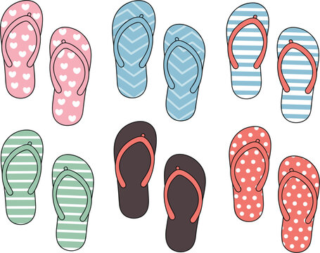 Colorful flip flop sandals set, summer beach footwear collection isolated vector illustration