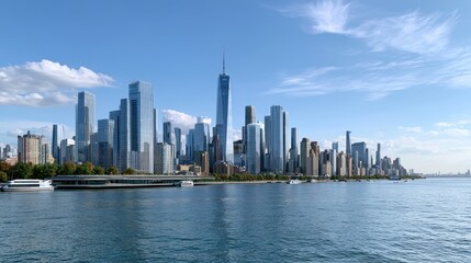 Obraz premium Modern waterfront skyline with contemporary skyscrapers, urban development, cityscape, architecture, business district.
