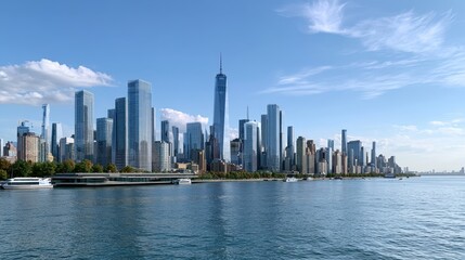 Obraz premium Modern waterfront skyline with contemporary skyscrapers, urban development, cityscape, architecture, business district.