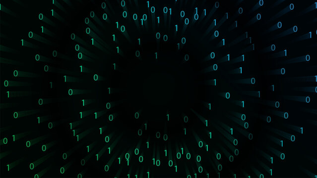Binary Data Stream Background With Digital Code. Digital technology background featuring glowing binary numbers moving through a dark virtual tunnel Background.