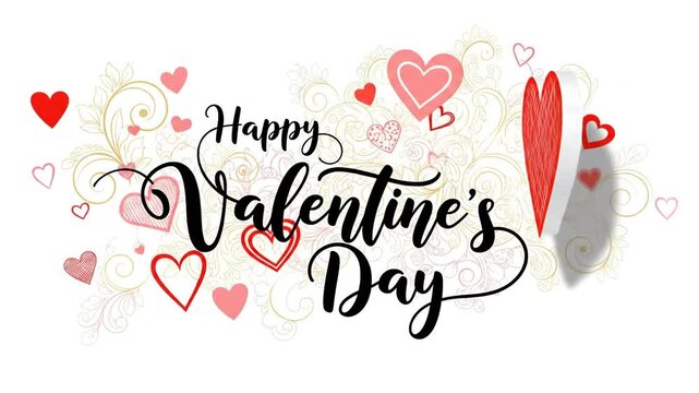 Happy Valentines Day greeting animation with red hearts and calligraphy