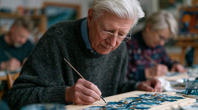 Tole painting instructor leading a small rural workshop group in applying traditional rosemaling border designs onto wooden breadboards, each student replicating a curved vine motif with a liner bru