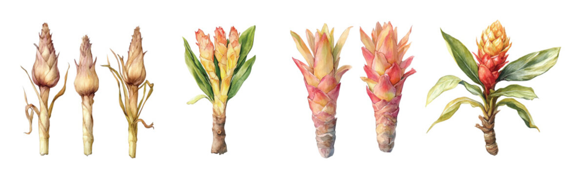 Illustrator Artwork, A minimal layout design, a Watercolor painting of a costus root set, delicately hand-painted with artistic brush strokes, white background, vector EPS