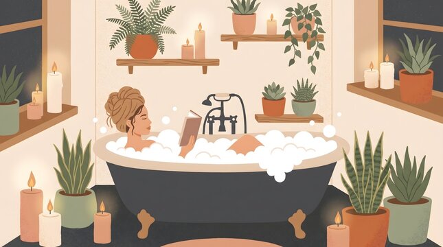 Flat digital illustration of relaxed woman reading in cozy plant bathroom for self care concept
