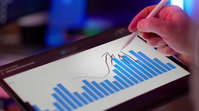 Business professional drawing growth trends on digital tablet screen graph data chart financial analysis