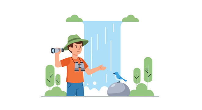 A young boy birdwatching with binoculars and a monocular near a scenic waterfall, observing a blue bird resting on a rock in nature.