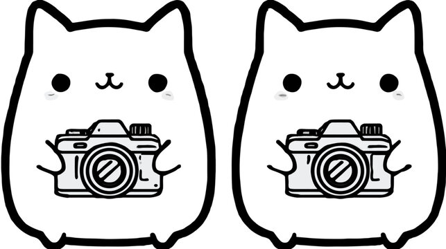 Cartoon cats holding cameras whimsical black and white illustration