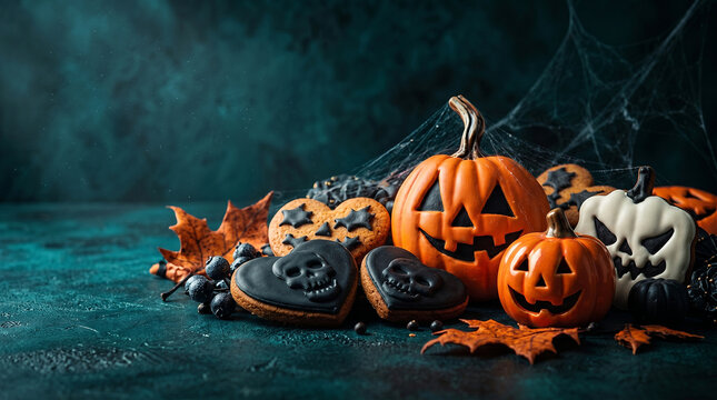 Pumpkin cookies with monster faces arranged on Halloween-themed party table background