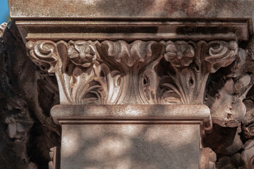 Elements of architectural decoration of buildings, columns, patterns and stucco molding. On the streets in Barcelona, ​​public places. © Kozlik_mozlik