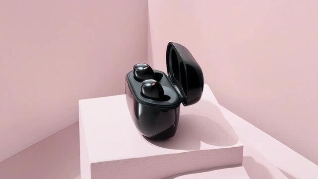 Wireless earbuds case on minimal podium, pink background
