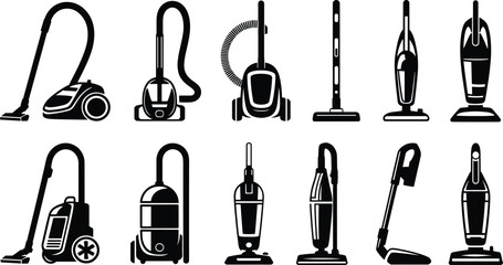 Vacuum cleaner silhouettes collection featuring upright canister handheld cleaning appliances isolated on white background vector illustration set icons modern household © LatifunNahar