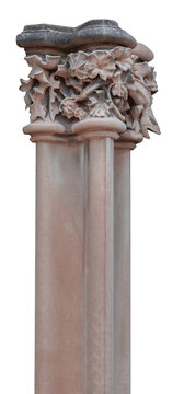 elements of architectural decorations of buildings, ancient arches and columns, pommel and patterns, on the streets in Barcelona, public places.
