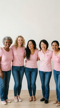 Five diverse women wearing pink t-shirts and jeans standing together against a white wall