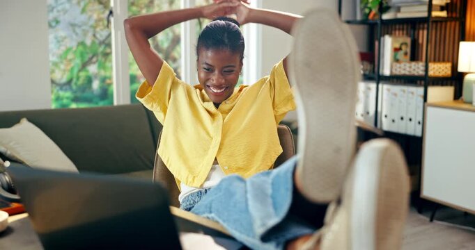 Done, relax and black woman with laptop for remote work, break and finish with customer service job. Happy, home and person stretching with headset for virtual assistance, online help or tech support