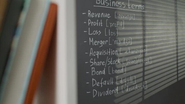 Blackboard displaying business vocabulary with phonetic transcriptions in language classroom. Clip is perfect for language school advertisements and business English education campaigns